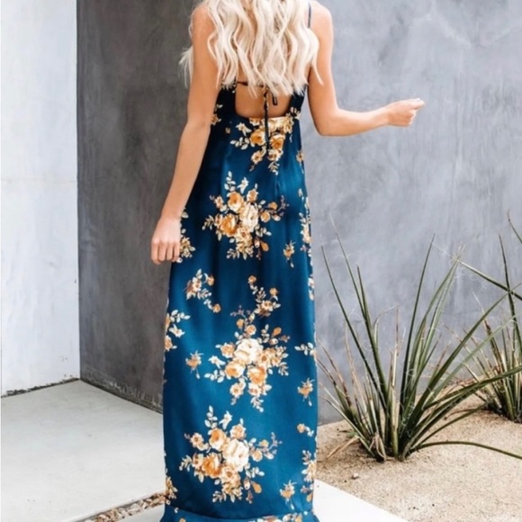 VICI capriccio satin floral ruffle navy wrap maxi dress size small - Picture 5 of 15